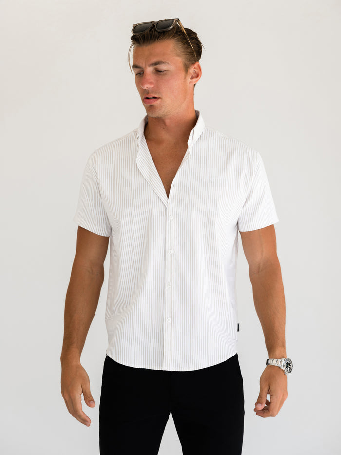 Ezra Short Sleeve Boxy Stripe Shirt - White & Beige