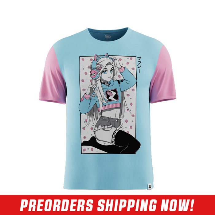 Light blue shirt with contrasting light pink short sleeves shown from the back in size 6XL.