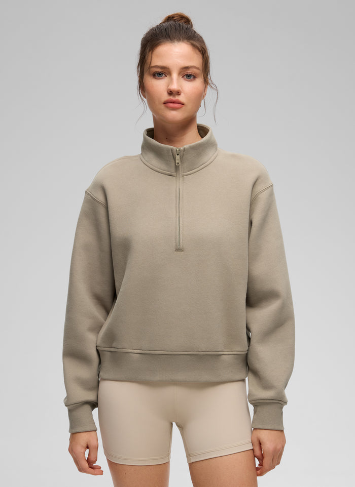 CRZ YOGA Women's Casual Half-Zip Waist Length Classic Fit Sweatshirt Oak