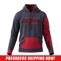 Close-up of a red and black anime-style character graphic on a black and red hoodie sleeve.
