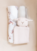 Gentle Meadow Set organic newborn essentials with swaddles and lamb comforter