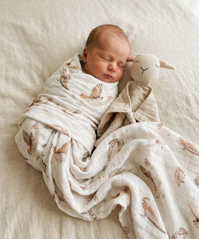 Newborn baby wrapped in a swaddle with animal patterns, lying on a soft surface.
