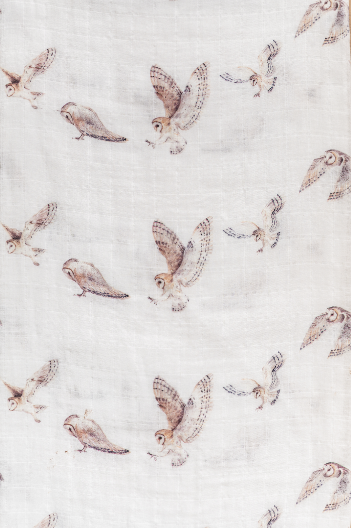 Organic muslin swaddle with barnyard owl print