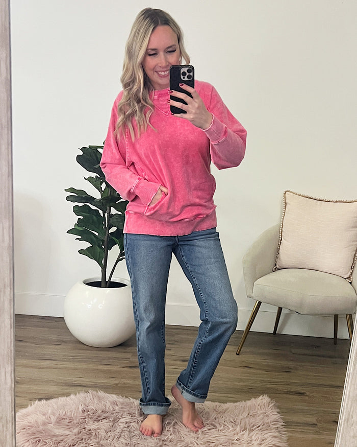 Girlfriend Crewneck Sweatshirt - Ash Fuchsia  Zenana