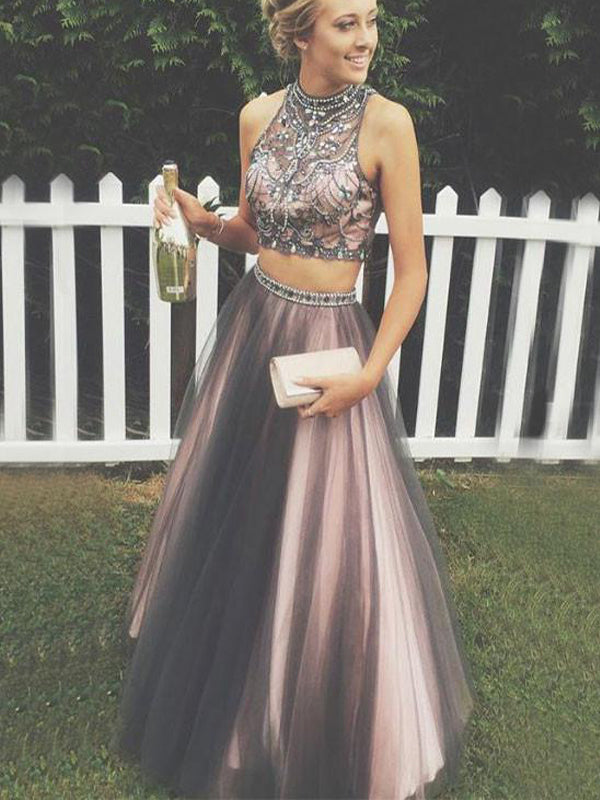 Glamorous Black Nude Beaded Rhinestone Two-Piece Prom Dress-High Neck Ball Gown, AB0080