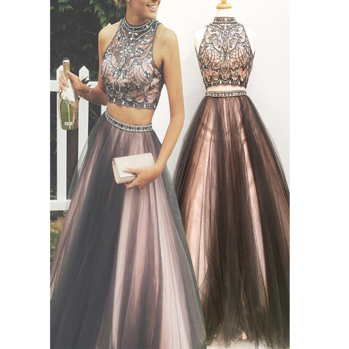 Glamorous Black Nude Beaded Rhinestone Two-Piece Prom Dress-High Neck Ball Gown, AB0080