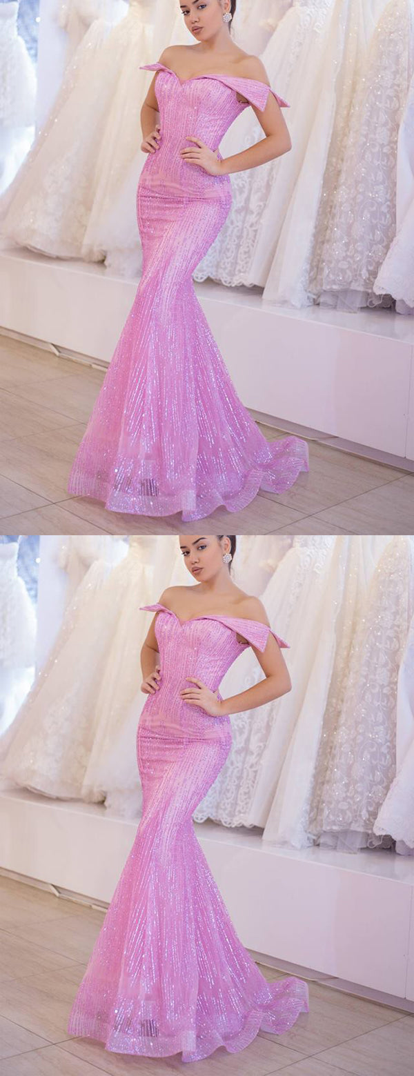 Glamours Pink Off the Shoulder Sequins Mermaid Organza Prom Dress, Evening Gown, PD00342