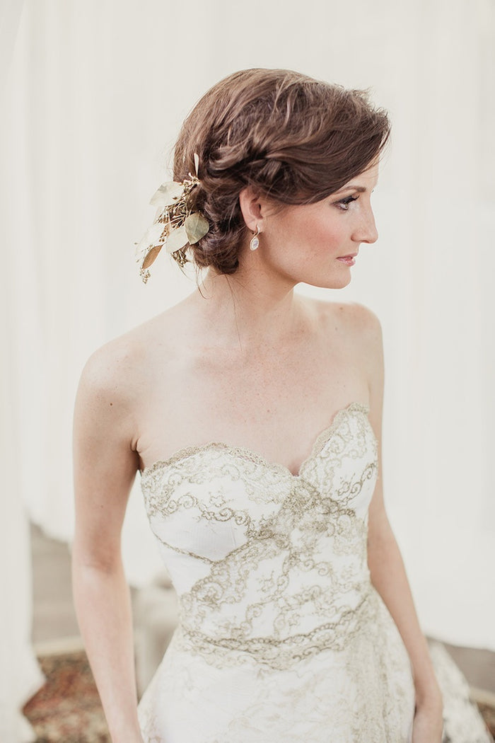 Gold Lace Off White Tulle Sweetheart Strapless A-line Wedding Dresses, WD0165