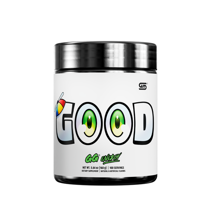 Black and silver supplement container showing detailed white label with supplement facts and usage instructions.