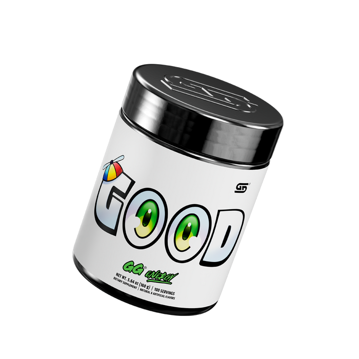 front of GOOD 100 serving tub tilted right showing Gamer Supps logo on top of lid