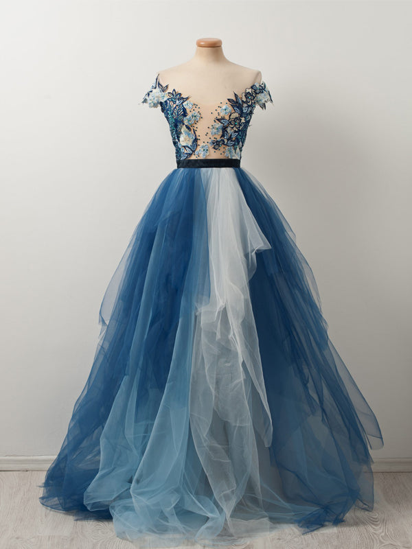 Gorgeous Blue Floral Lace Off Shoulder A-line Evening Gown, Formal Dress, PD00106