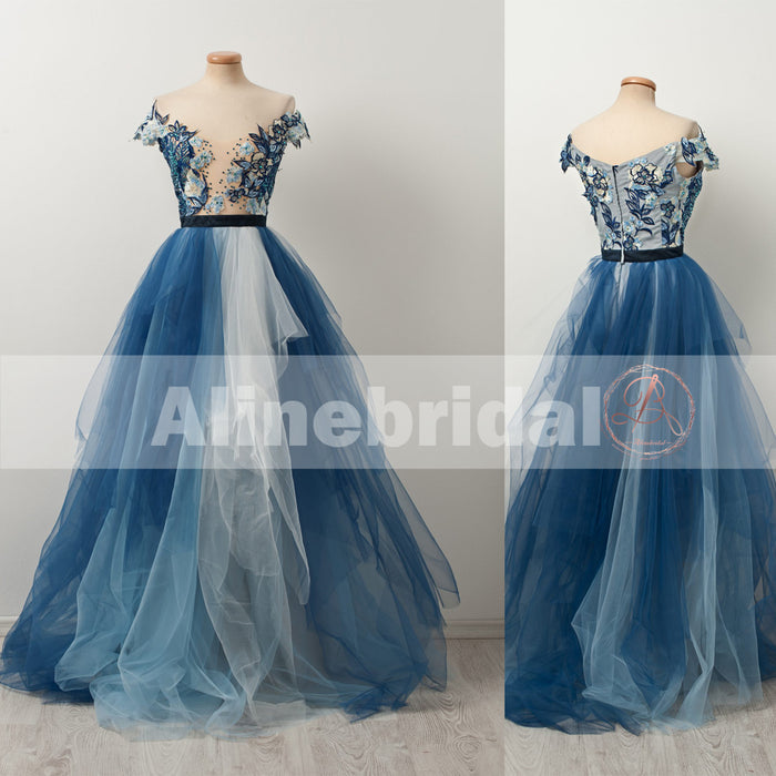 Gorgeous Blue Floral Lace Off Shoulder A-line Evening Gown, Formal Dress, PD00106