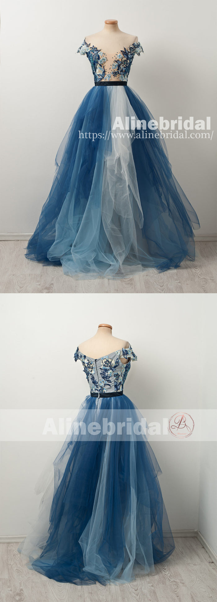 Gorgeous Blue Floral Lace Off Shoulder A-line Evening Gown, Formal Dress, PD00106