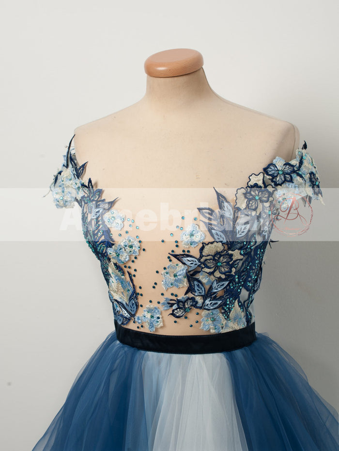 Gorgeous Blue Floral Lace Off Shoulder A-line Evening Gown, Formal Dress, PD00106