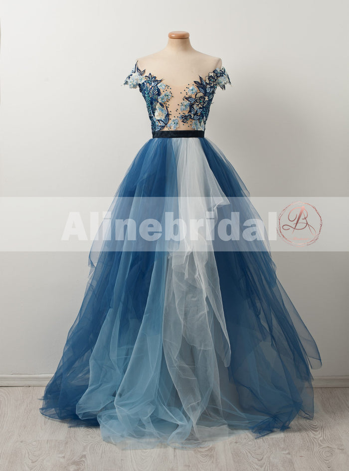 Gorgeous Blue Floral Lace Off Shoulder A-line Evening Gown, Formal Dress, PD00106