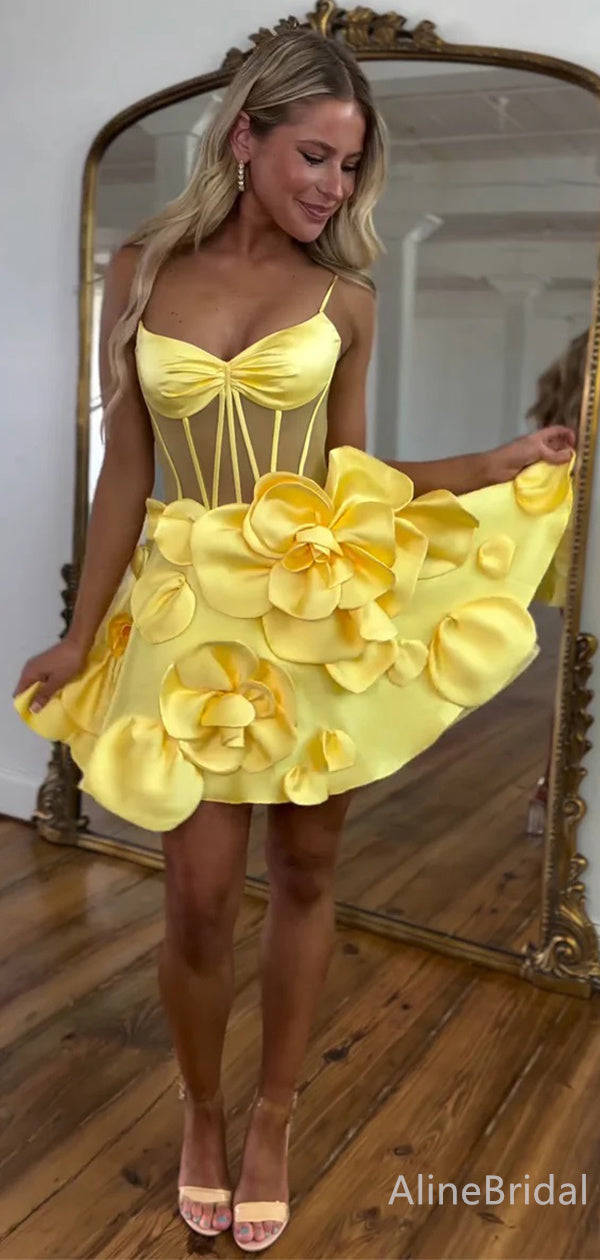 Gorgeous Floral Yellow A-line Short Mini Homecoming Dress, HD3233