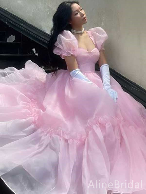 Gorgeous Pink Ruffles A-line Long Prom Dress with Puff Sleeves, Evening Dress, WD3061