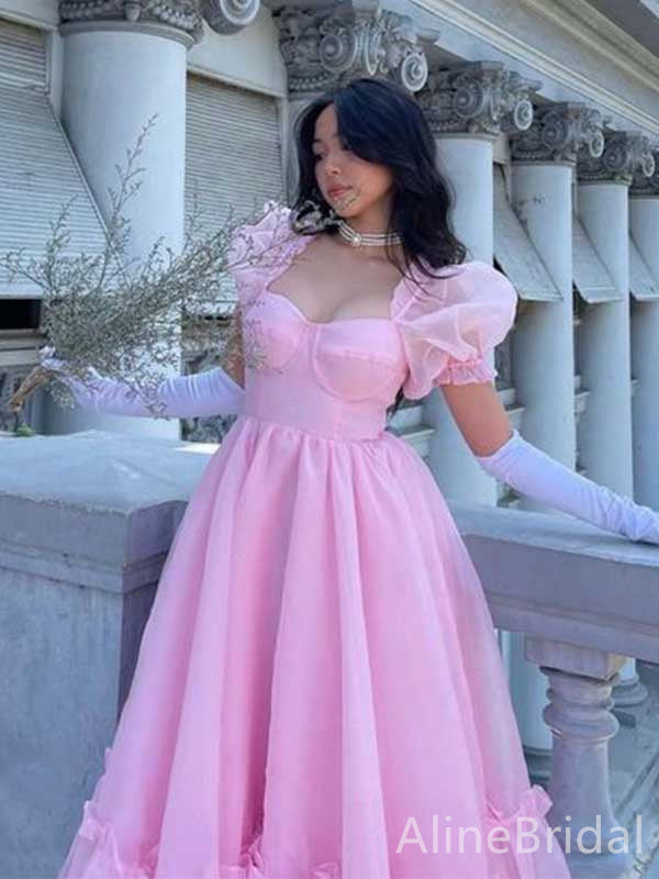 Gorgeous Pink Ruffles A-line Long Prom Dress with Puff Sleeves, Evening Dress, WD3061