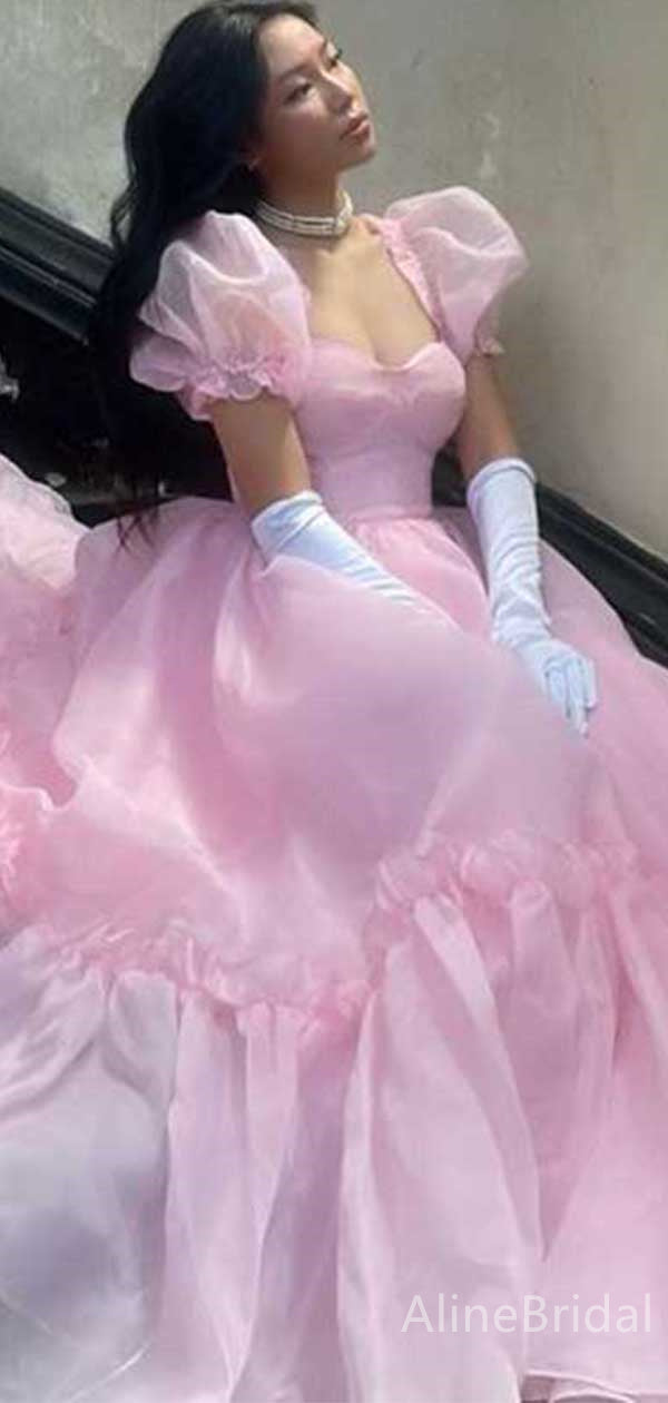 Gorgeous Pink Ruffles A-line Long Prom Dress with Puff Sleeves, Evening Dress, WD3061