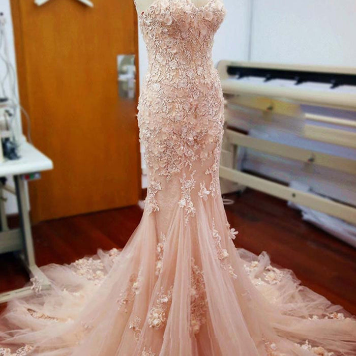Gorgeous Sweetheart Strapless Lace Appliques Tulle  Pink Mermaid Prom Ball Gown, Evening Dress, WD0033