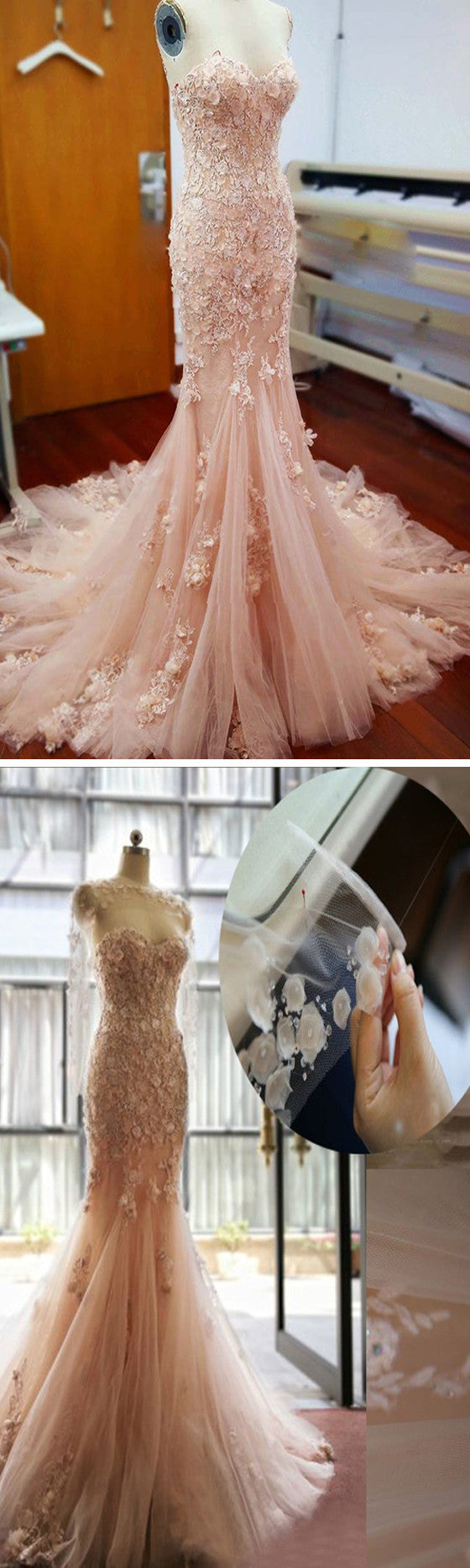 Gorgeous Sweetheart Strapless Lace Appliques Tulle  Pink Mermaid Prom Ball Gown, Evening Dress, WD0033