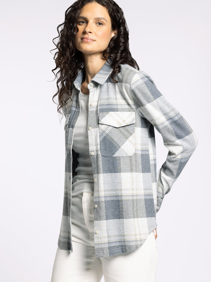 button down top in grey plaid for women