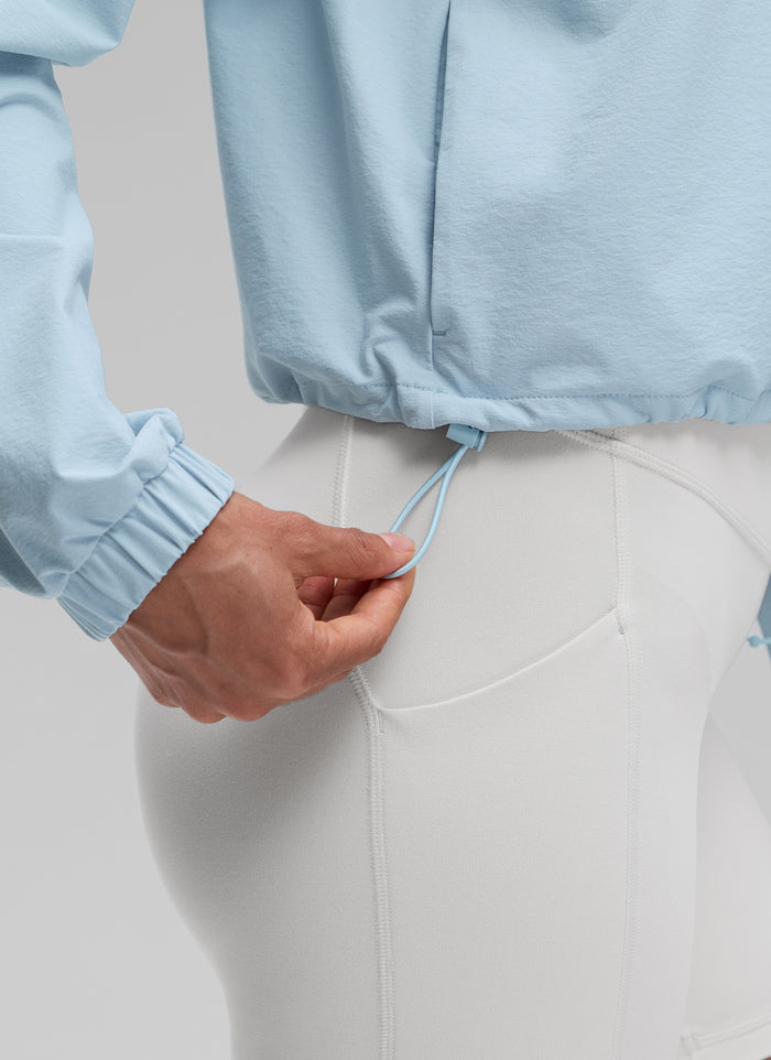 CRZ YOGA Women's Casual Half-Zip Waist Length Pocket Long Sleeves Blue Linen