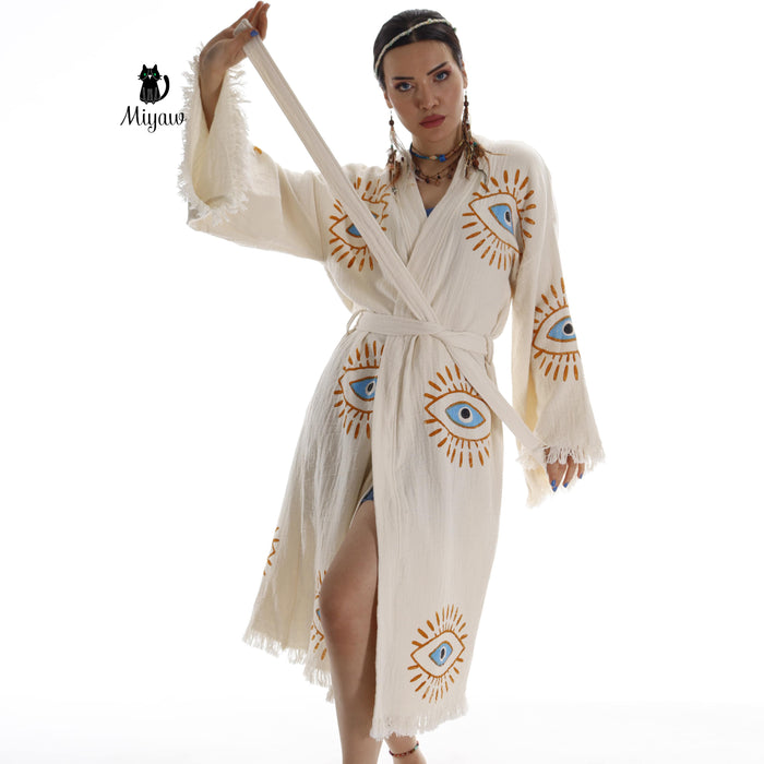 Handmade Organic Cotton Kimono Robe - Beige Evil Eye (Natural)