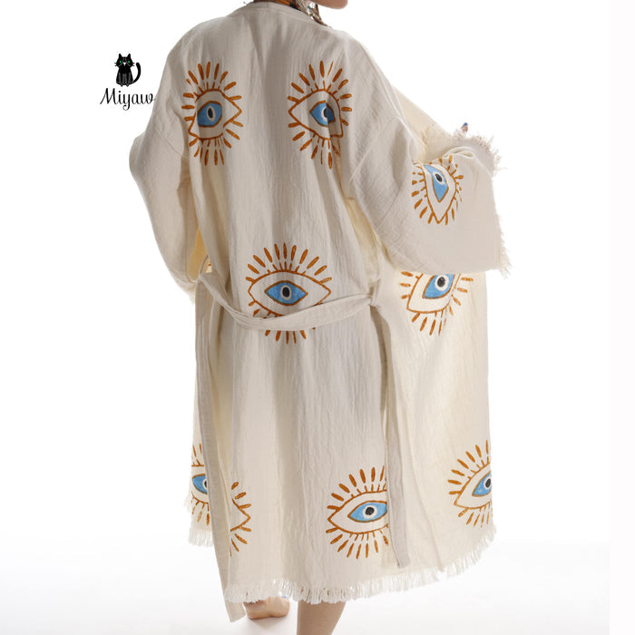 Handmade Organic Cotton Kimono Robe - Beige Evil Eye (Natural)