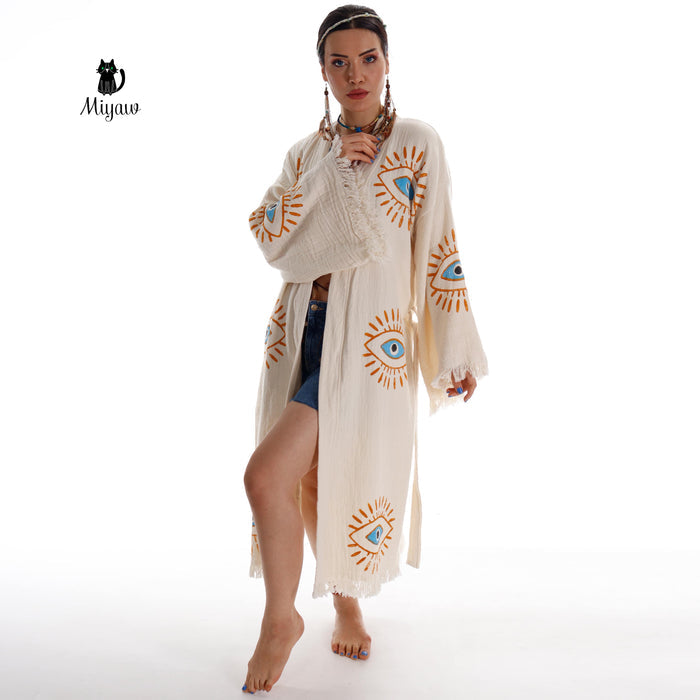 Handmade Organic Cotton Kimono Robe - Beige Evil Eye (Natural)
