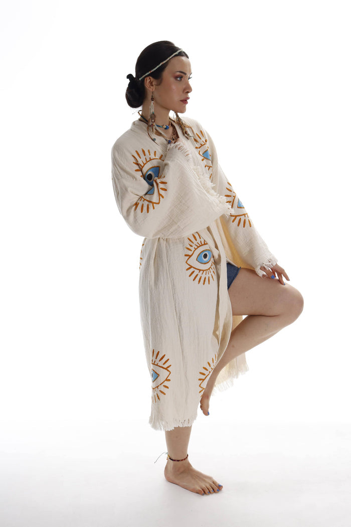 Handmade Organic Cotton Kimono Robe - Beige Evil Eye (Natural)