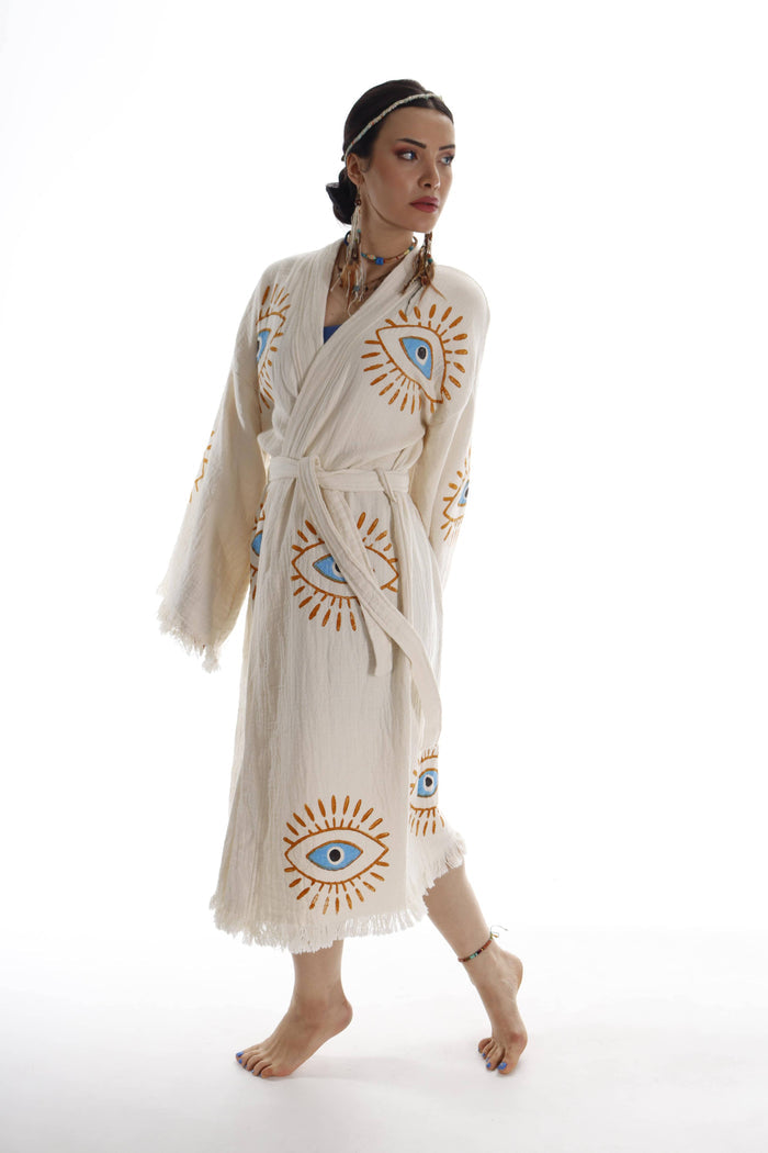Handmade Organic Cotton Kimono Robe - Beige Evil Eye (Natural)