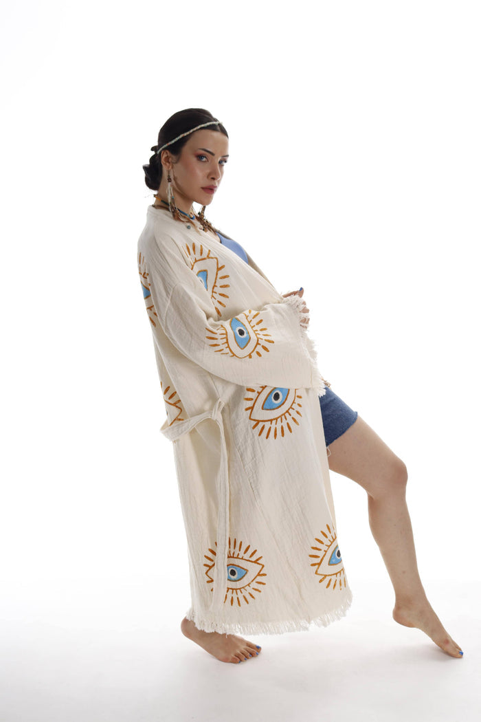 Handmade Organic Cotton Kimono Robe - Beige Evil Eye (Natural)
