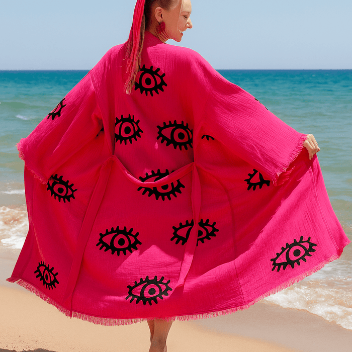 Handmade Organic Cotton Kimono Robe - Pink Evil Eye