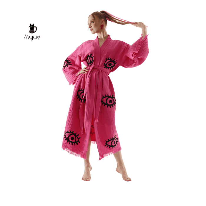 Handmade Organic Cotton Kimono Robe - Pink Evil Eye