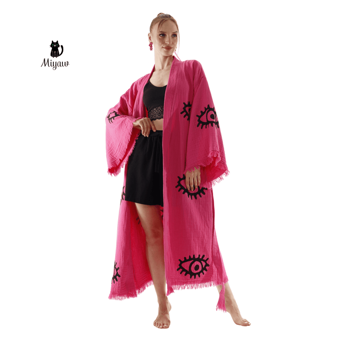 Handmade Organic Cotton Kimono Robe - Pink Evil Eye