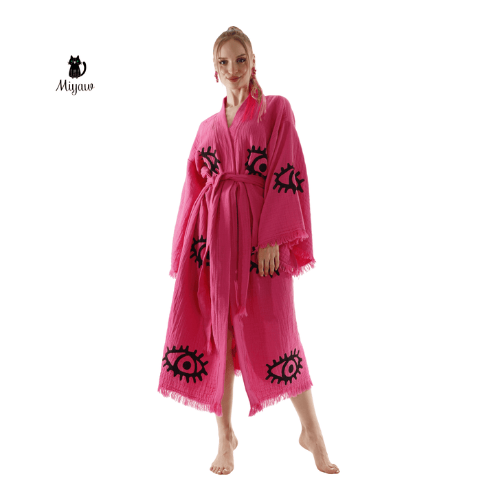 Handmade Organic Cotton Kimono Robe - Pink Evil Eye