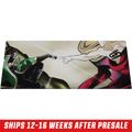 Mouse pad with artwork of two hands reaching out, one in black glove and green sleeve, the other bare and muscular.