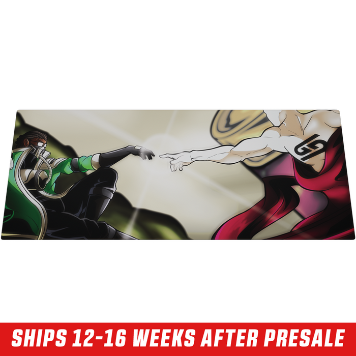 Mouse pad with artwork of two hands reaching out, one in black glove and green sleeve, the other bare and muscular.