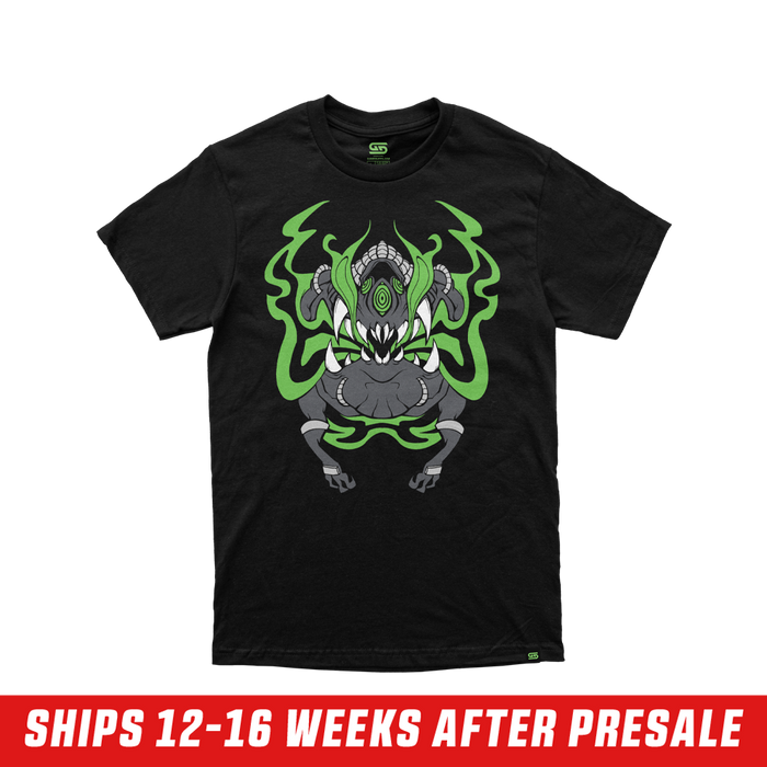 Black short-sleeve shirt with a small green logo centered near the upper back collar in size 6XL.