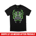 Black short-sleeve shirt with a small green logo centered near the upper back collar in size 6XL.
