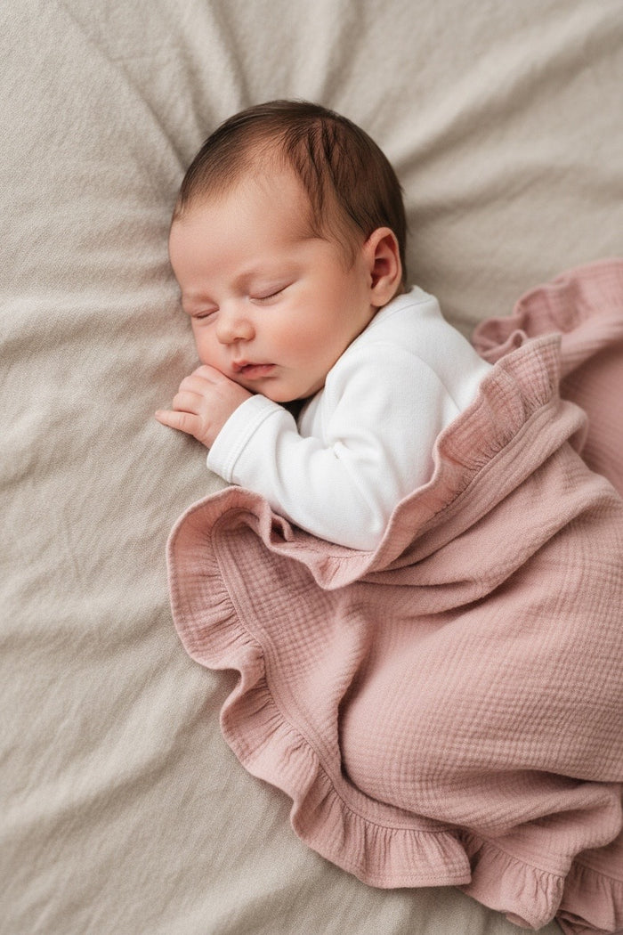 Newborn baby sleeping under a blush heirlloom muslin ruffle blanket on a beige surface