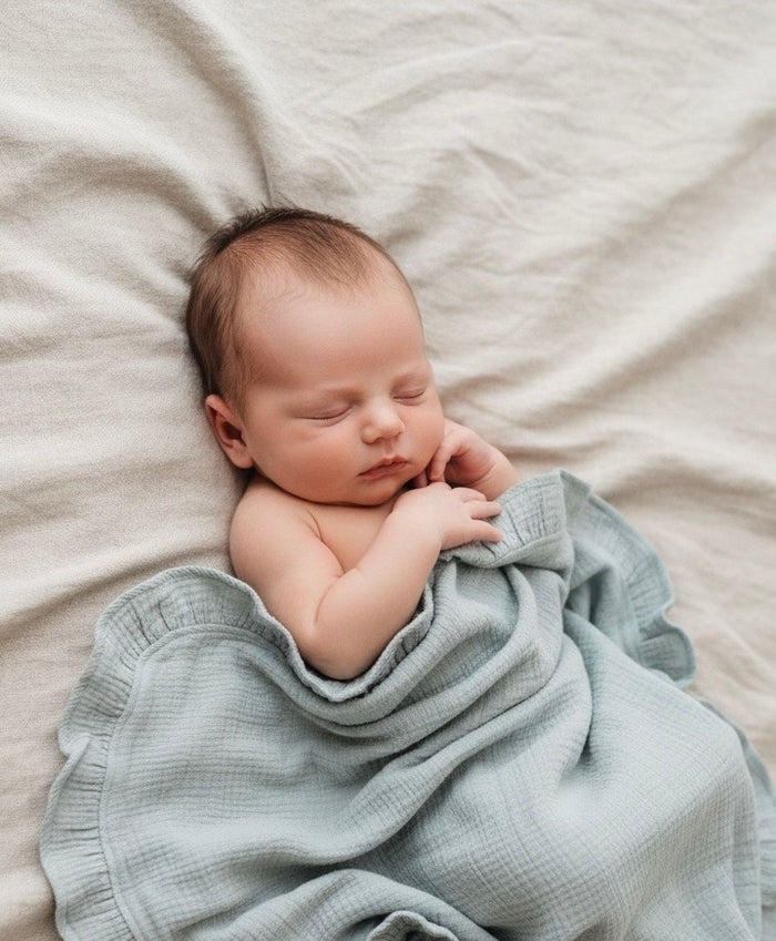 Newborn baby wrapped in a lagoon green heirloom muslin ruffle blanket on a soft beige surface