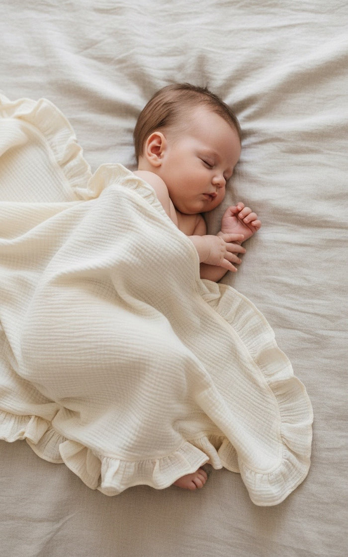 Newborn baby wrapped in a milk ivory heirloom muslin ruffle blanket
