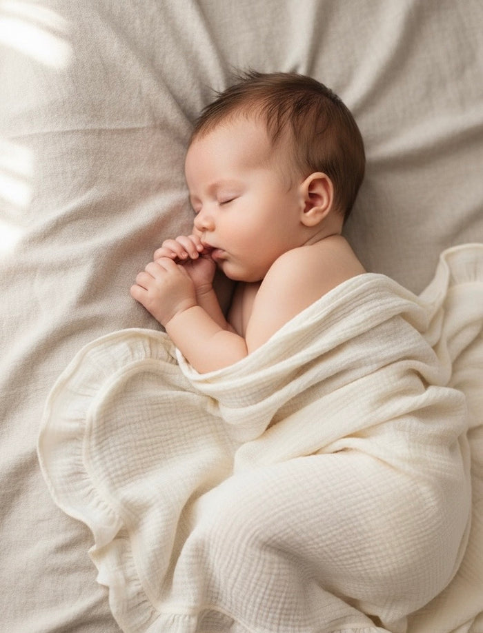 Newborn baby wrapped in a milk ivory heirloom muslin ruffle blanket