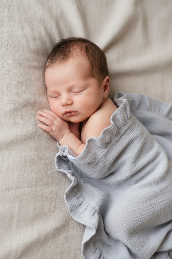 Newborn baby wrapped in a sky blue heirloom muslin ruffle blanket