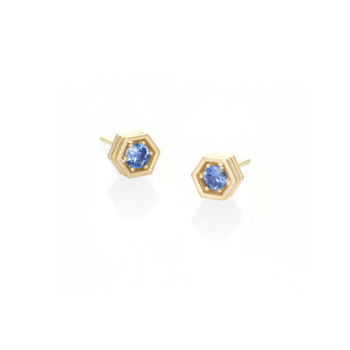 Hex Strata Stud Earrings - Medium Blue Sapphires Yellow Gold
