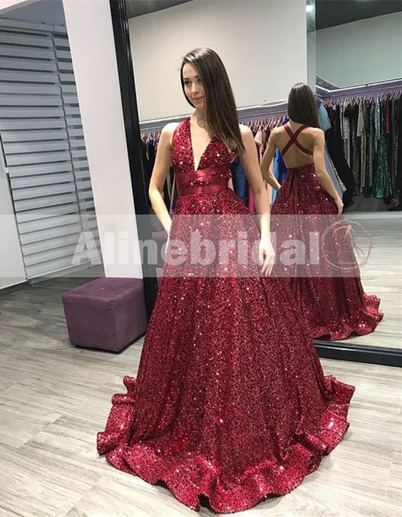 Hunter Green Sequin V-neck Criss-cross Sparkly Prom Dresses ,PD00109