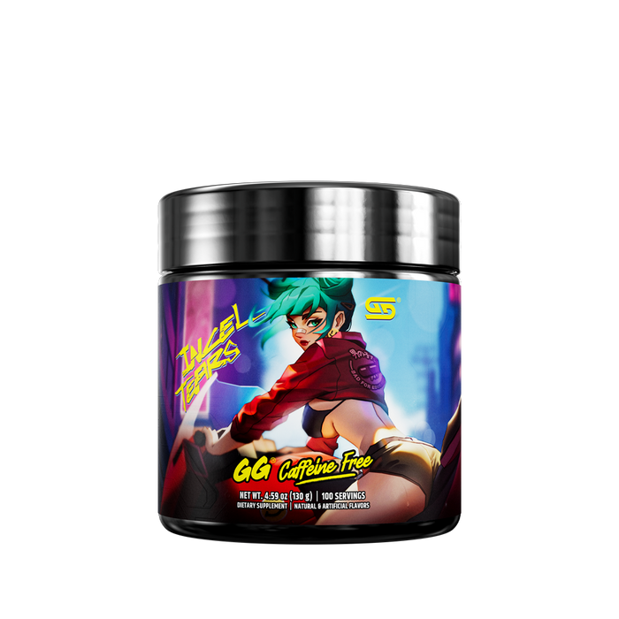 Black container with a purple label showing supplement facts and directions for Incel Tears caffeine-free powder.