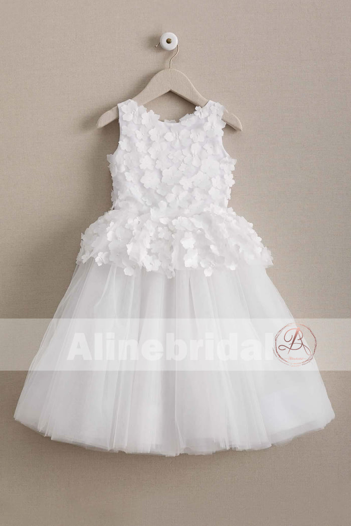 Ivory Handmade Flower Cute Round Neck Sleeveless Flower Girl Dresses, FGS066